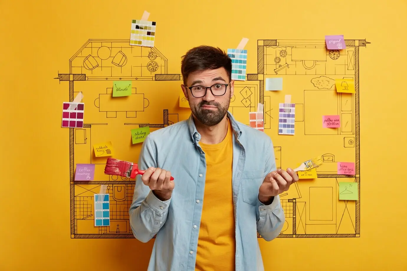 Primer plano de un joven diseñador preparándose para renovar junto a un boceto del plan maestro de una casa.