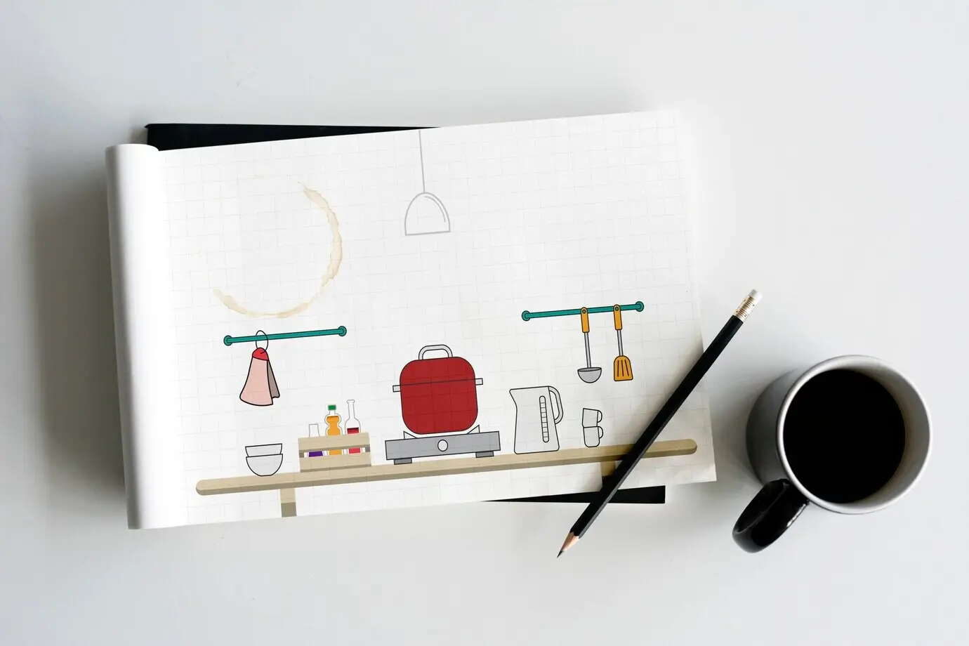 Olla para cocinar alimentos en la encimera de la cocina como decoración.